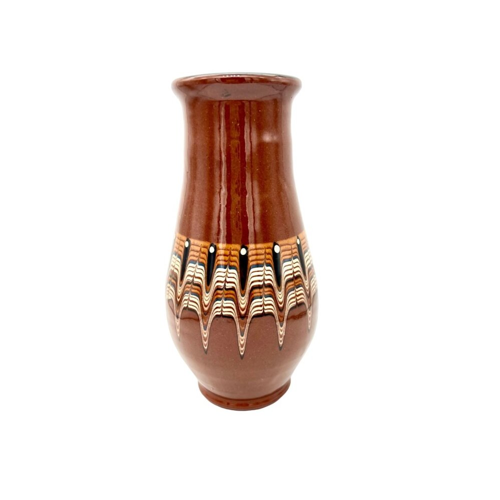 Bulgarian Pottery Troyan Vase Monks Tan Light Brown Peacock Eye Blue Line 7.5" H